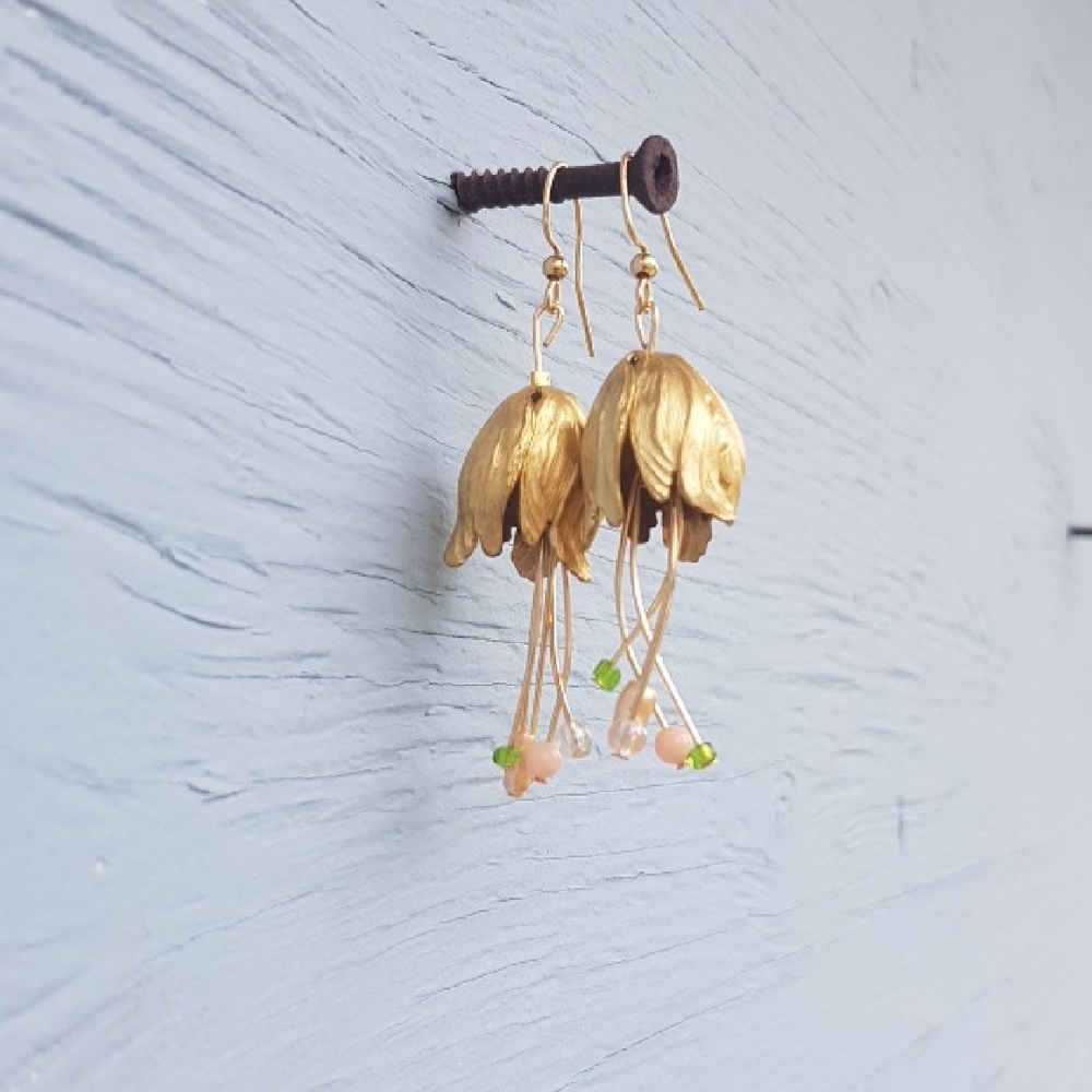 Patch & Roam Midsummer gold tone large brass tulip beaded dangle earrings w/bead